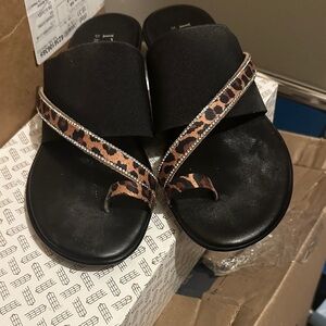 Italian Shoemakers Black Slides with Leopard Trim